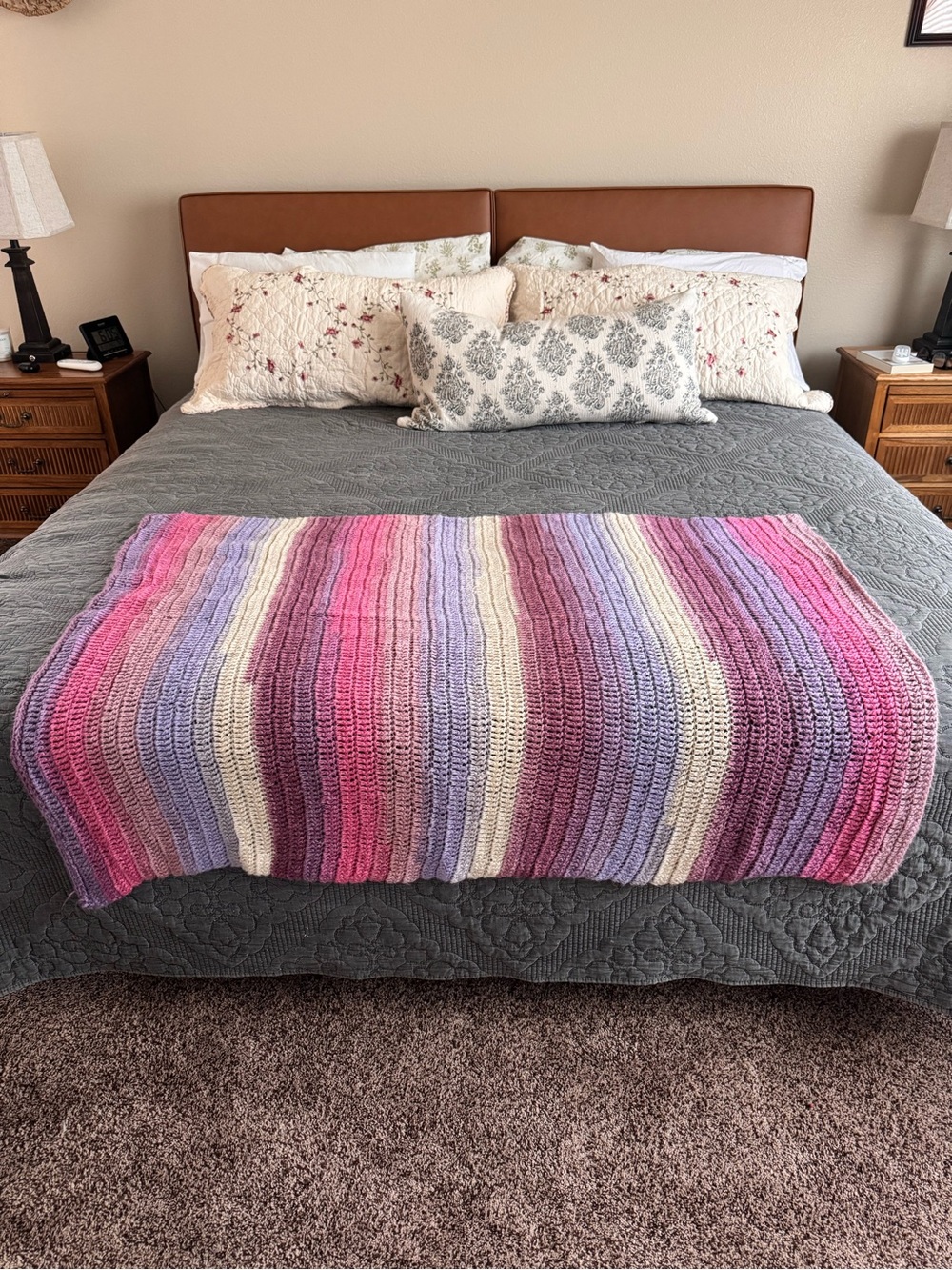 Hand-Crocheted Striped Throw Blanket in Pink, Lavender & Cream